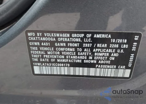2019 Volkswagen Passat 2.0T Wolfsburg Edition from USA, damaged, VIN 1VWLA7A31KC006173